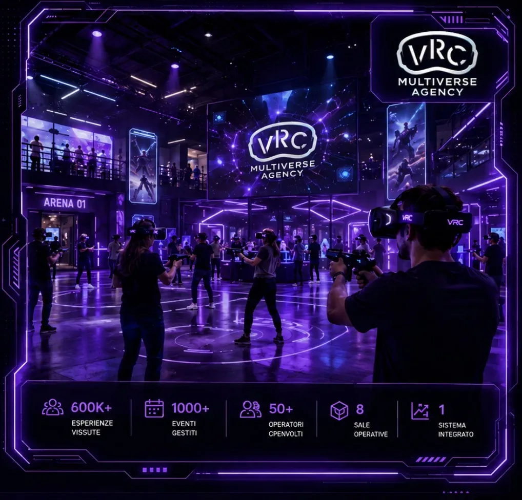 Arena VR VRC Multiverse Agency con operatori in headset e schermi immersivi