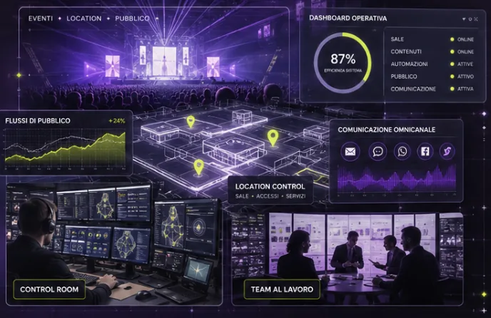 Dashboard operativa VRC: eventi, location, flussi di pubblico, control room e team al lavoro