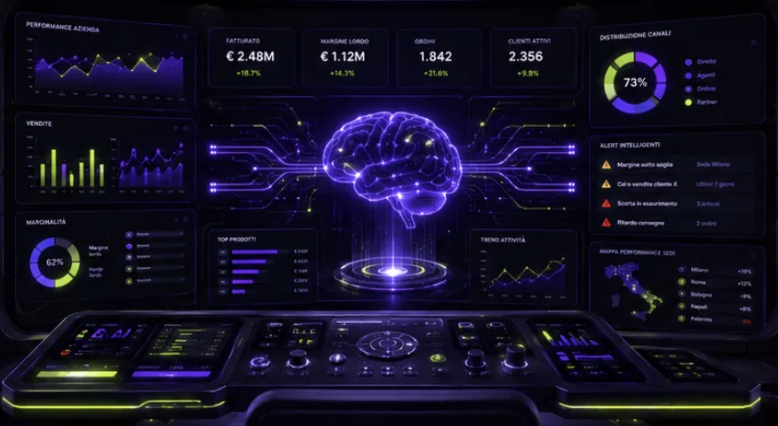 Cabina di controllo iMedia AI Business Brain con cervello digitale, dashboard, grafici, alert intelligenti e performance per sede