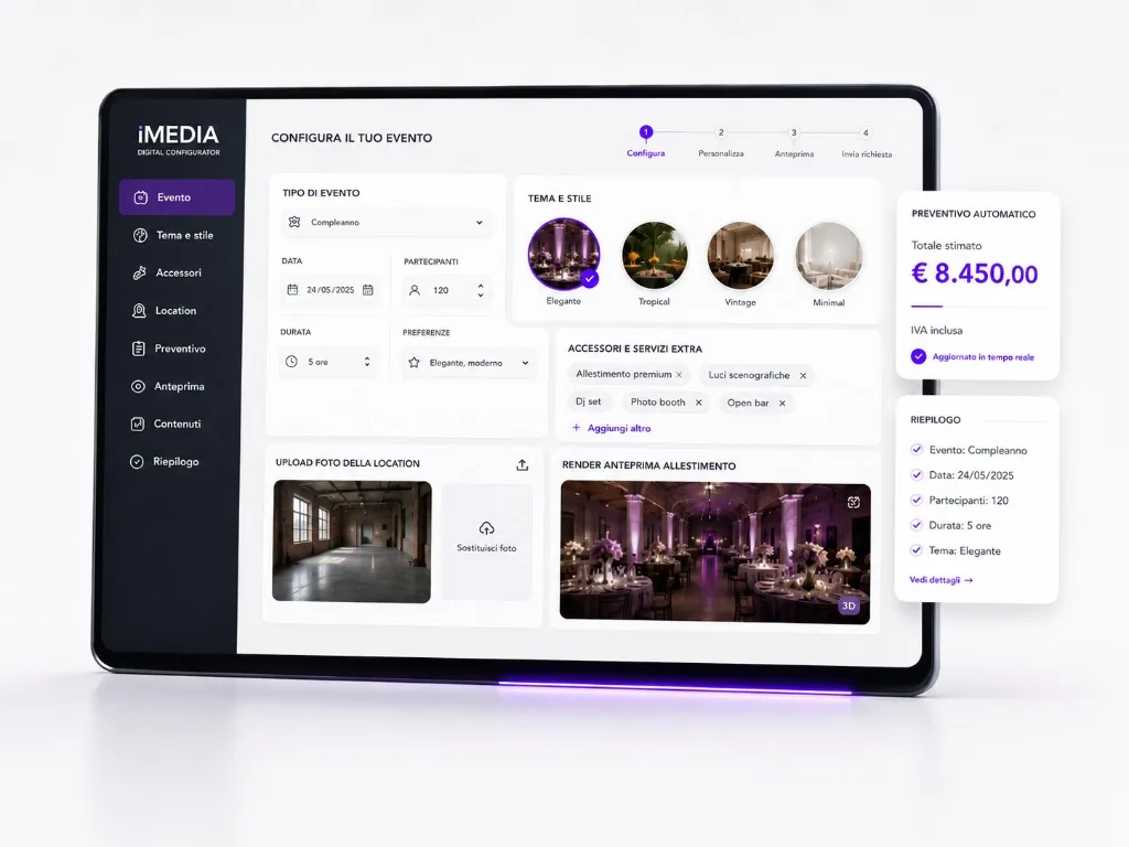 Interfaccia iMedia Digital Configurator su tablet con configurazione evento, tema, accessori, location e preventivo automatico