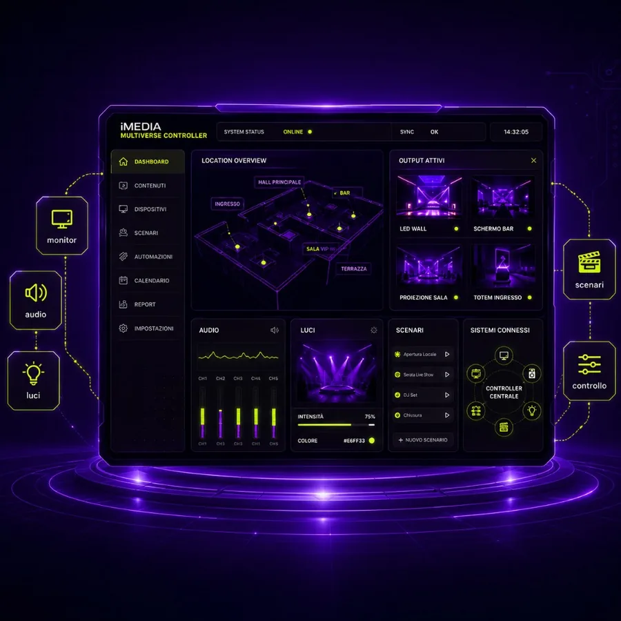 Dashboard iMedia Multiverse Controller con panoramica location, output attivi, audio, luci, scenari e sistemi connessi