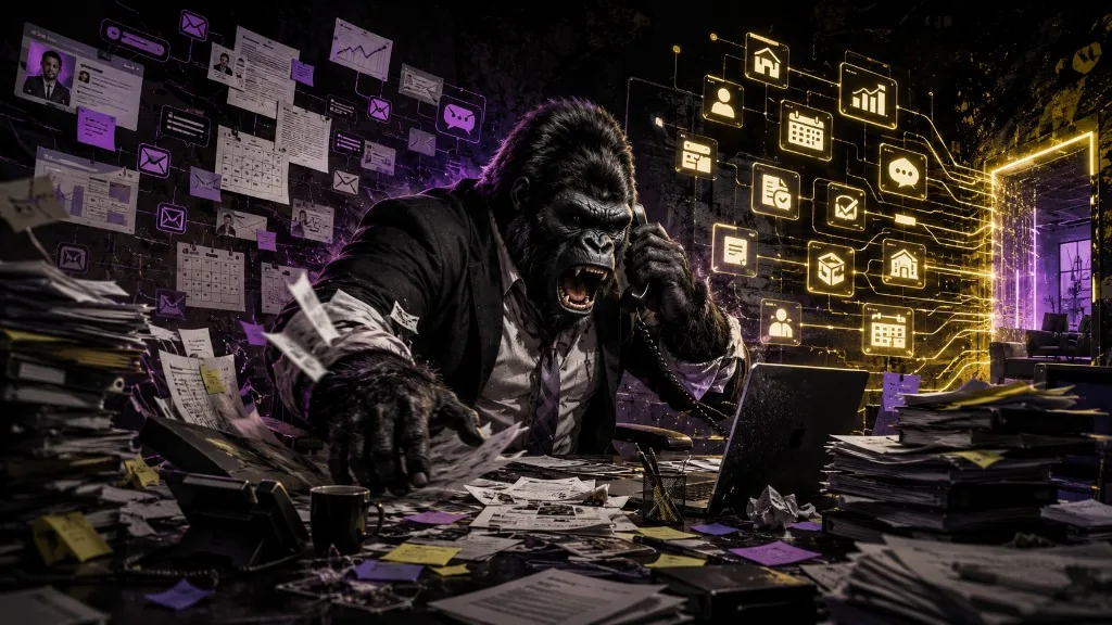 La Bestia al telefono in un ufficio in caos, con processi e dati che si trasformano in sistema